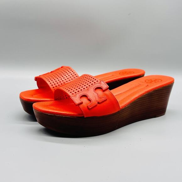 Tory Burch Sandals Womens 10 Orange Leather Mikael Wedge Slide Platform Logo - Picture 3 of 10